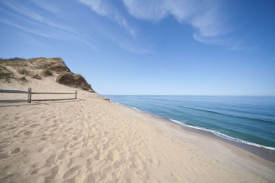 Scenic view of sea against blue sky on sunny day