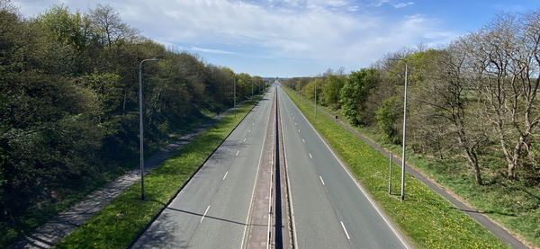 Empty road amidst trees against sky