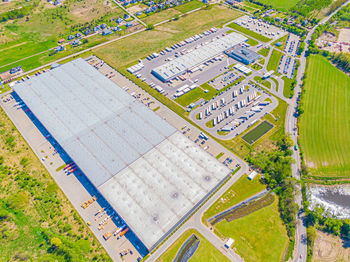 Aerial view of goods warehouse. logistics center in industrial city zone from above. aerial view of 