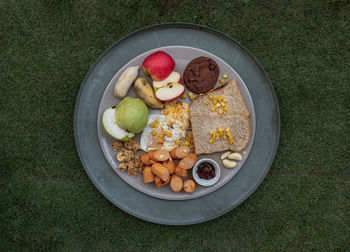 High angle view of food in plate on field