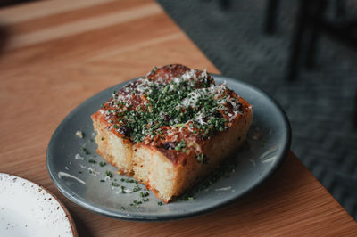 High angle view of food in plate on table