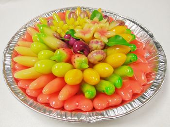 High angle view of multi colored candies in plate