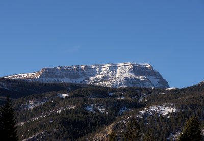 Low angle view of snowcapped mountain against clear blue sky