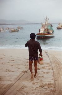 Rear view of man walking at beach