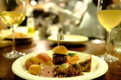 Close-up of food served on table