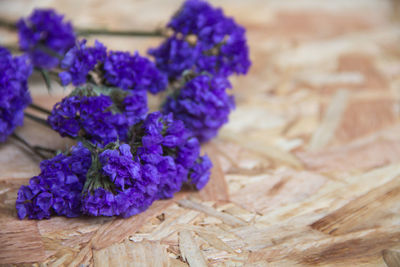 Close-up of purple flowers on wooden floor