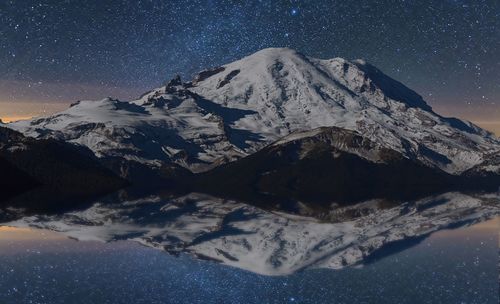 Scenic view of snow mountains against sky at night