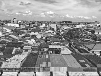 High angle view of buildings against sky