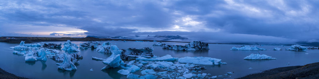 Panoramic view of frozen lake against sky