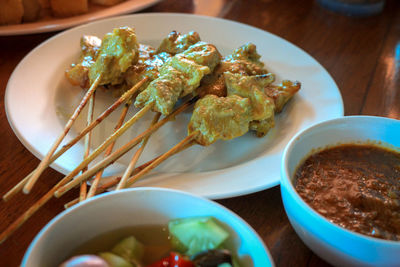 High angle view of meal served on table