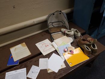 High angle view of books on table