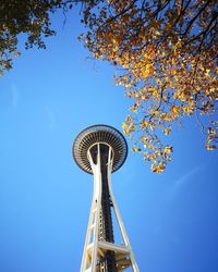 Low angle view of tower against clear blue sky