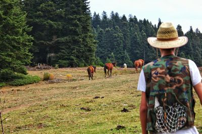 Rear view of people on field by trees