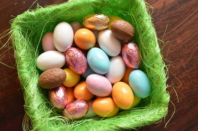 High angle view of eggs in basket