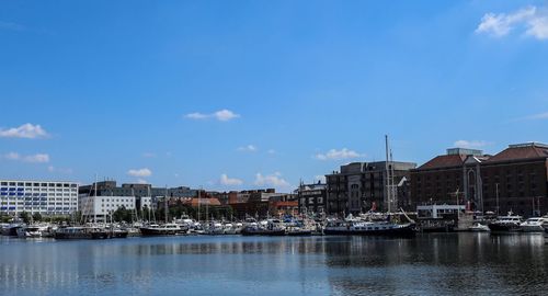 View of harbor in city