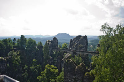 Panoramic view of trees on landscape against cloudy sky