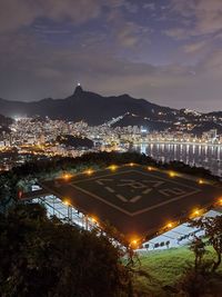 High angle view of illuminated buildings in city at night
