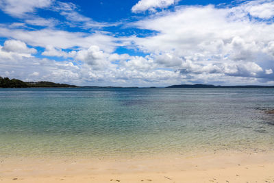 Scenic view of sea against blue sky