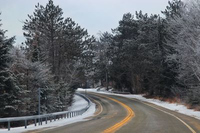 Road amidst trees against sky during winter