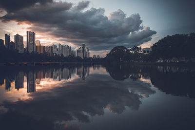 Reflection of buildings in lake against sky