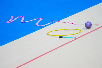 High angle view of multi colored equipment on floor