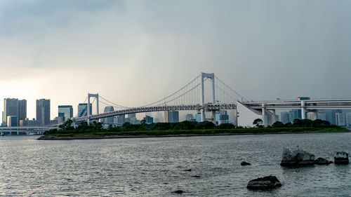 View of suspension bridge in city