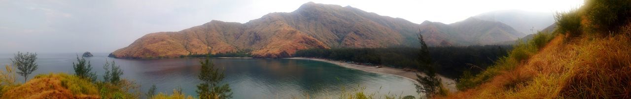 Panoramic view of lake and mountains against sky