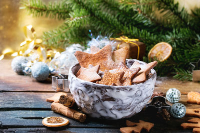 Close-up of cookies in bowl on table