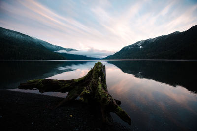 Scenic view of lake and mountains against sky