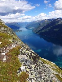 Scenic view of lake and mountains against sky