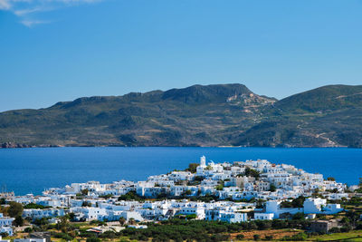 View of plaka village with traditional greek church. milos island, greece