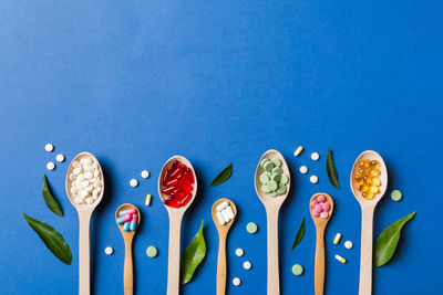 Directly above shot of food on blue background