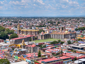 High angle shot of townscape against sky