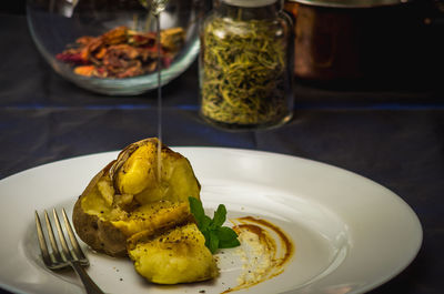 Close-up of breakfast served on table