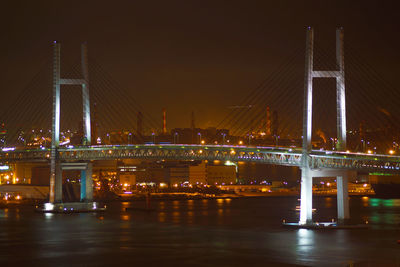 Illuminated bridge over river at night