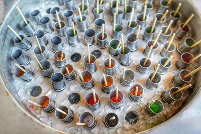 High angle view of bottles on table