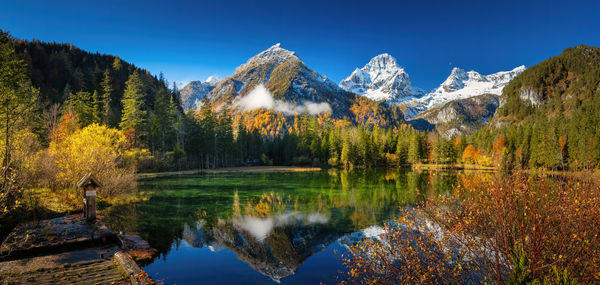 Panoramic shot the lake schiederweiher in an autumnal mood