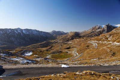 Scenic view of snowcapped mountains against clear blue sky