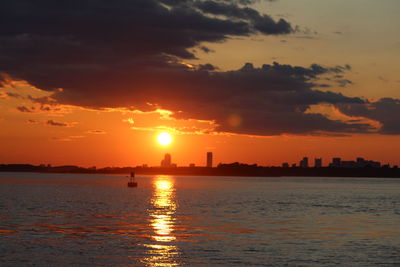 Scenic view of sea against romantic sky at sunset