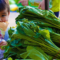 Close-up of boy with vegetables