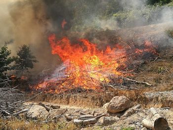 Aerial view of bonfire on landscape against sky