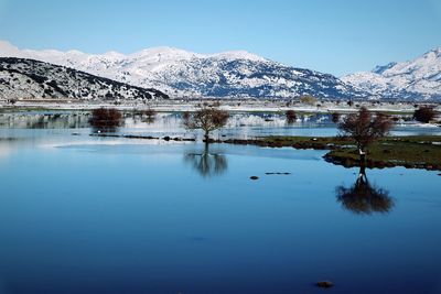 Scenic view of lake and snowcapped mountains against blue sky