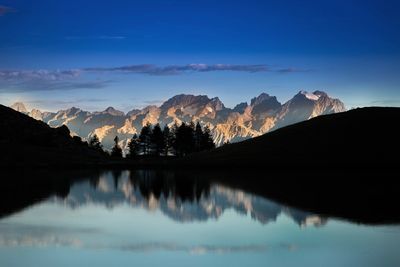 Scenic view of lake and mountains against sky during sunset