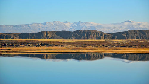 Scenic view of lake against blue sky