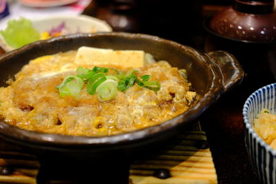 High angle view of soup in bowl on table