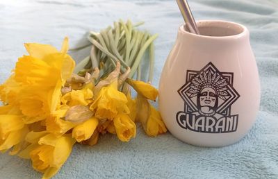 High angle view of various flowers on table