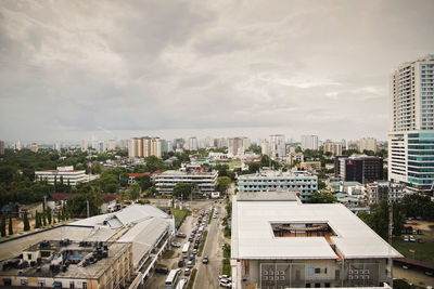 High angle view of buildings in city against sky