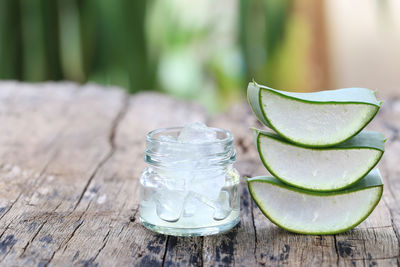 Close-up of aloe vera on wooden table