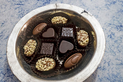 High angle view of dessert in bowl on table