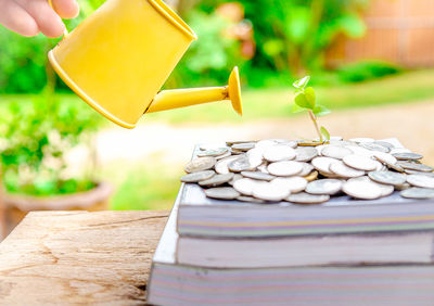 Watering can hanging over coins and books